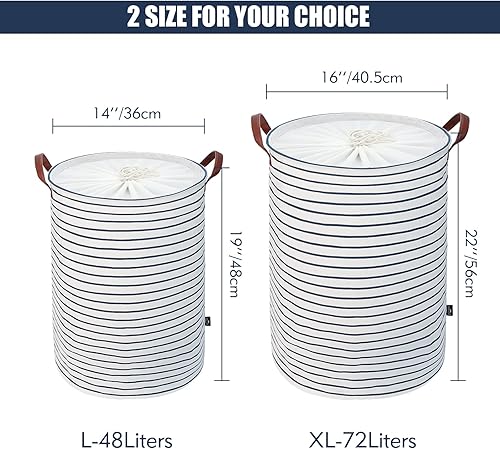 Miniatura 3 de Dokehom - Cesta independiente de almacenamiento de 20 pulgadas para ropa sucia con tapa plegable grande con cordón ajustable y asas rayas azules L