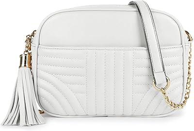 EVVE Quilted Crossbody Bags for Women - Stylish Camera Bag with Tassel - Lightweight Medium Size Shoulder Purse | White