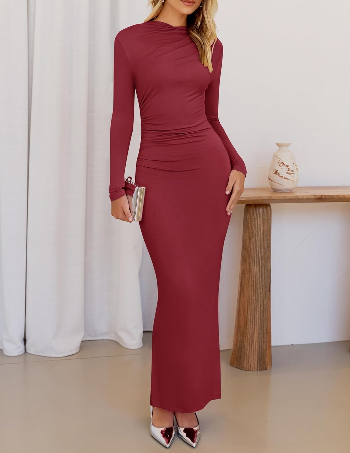 ZESICA Women's Fall 2026 Long Sleeve Bodycon Maxi Dresses Sexy Ruched Crew Neck Slim Fit Cocktail Party Dress - Image 8