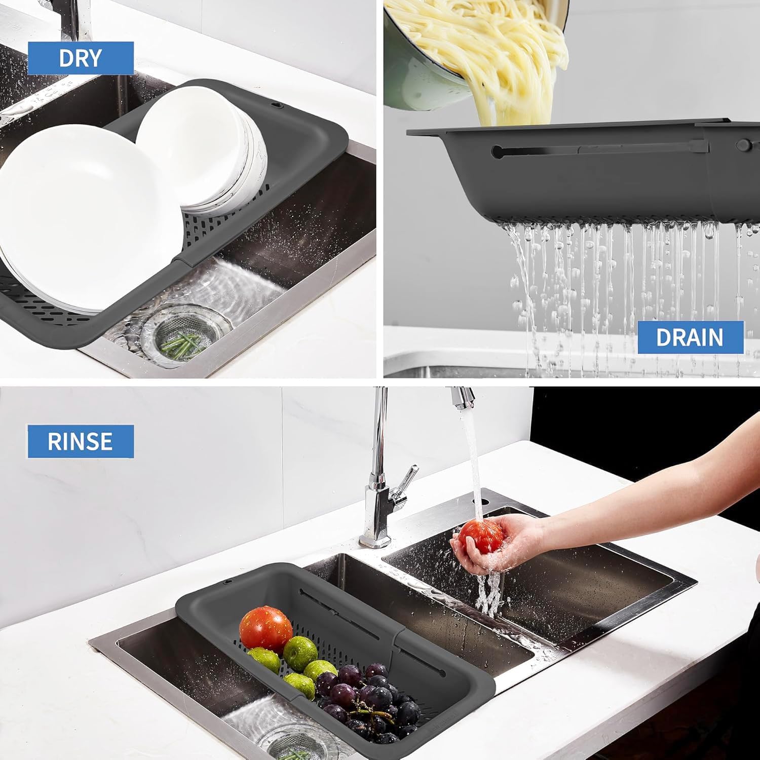 LASSHSWA Colador y colador plegable para cocina, colador sobre el fregadero, colador para cocina, pasta de frutas, colador de alimentos, colador de plástico con un colador de fregadero de cocina de