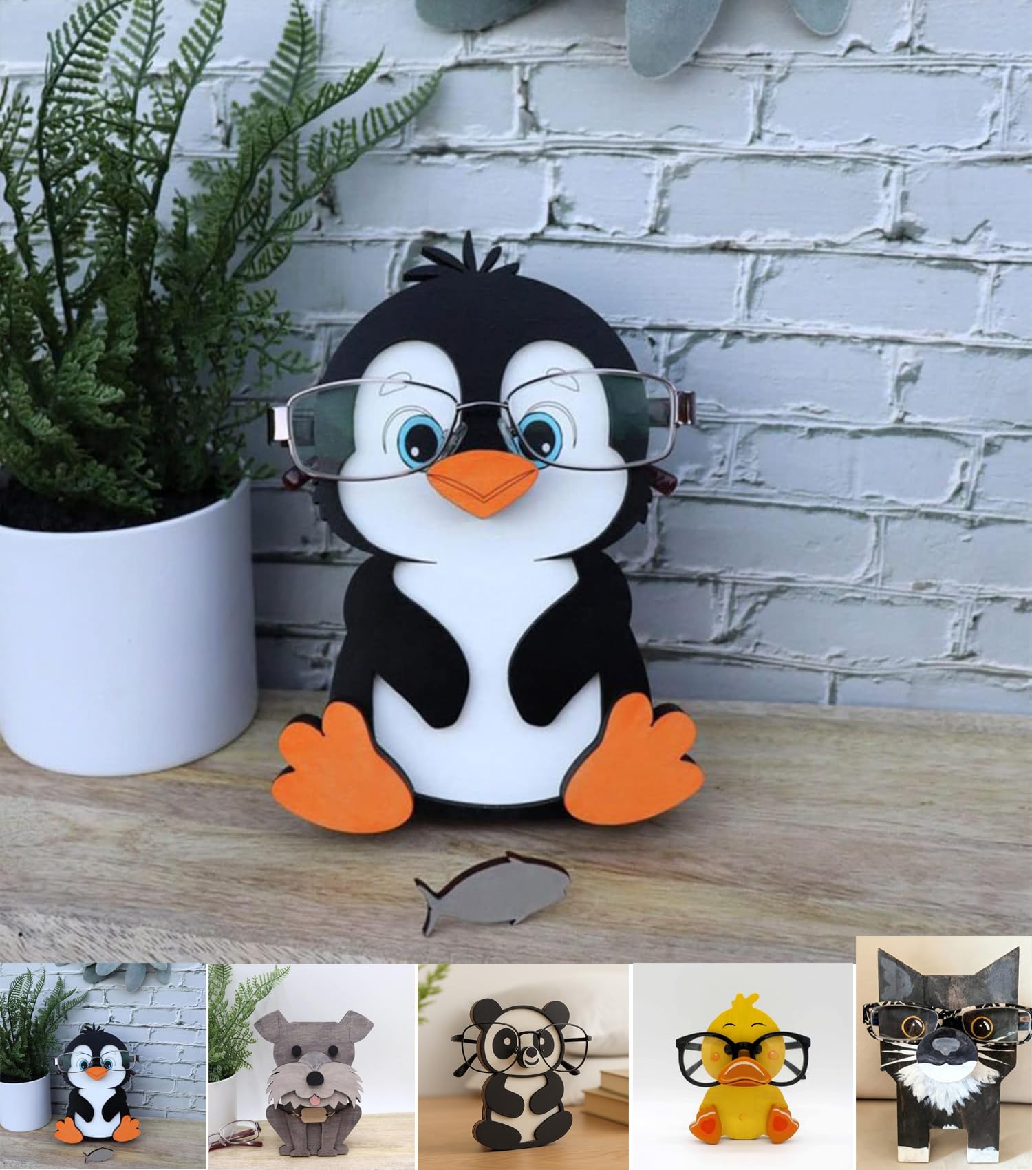 Brillenhalter aus Holz, kreativer niedlicher Tier-Brillenhalter, handgefertigt, kreatives Sonnenbrillen-Display für Desktop-Accessoire, Heimbüro-Dekor, Geburtstag（Hund） (Pinguin)
