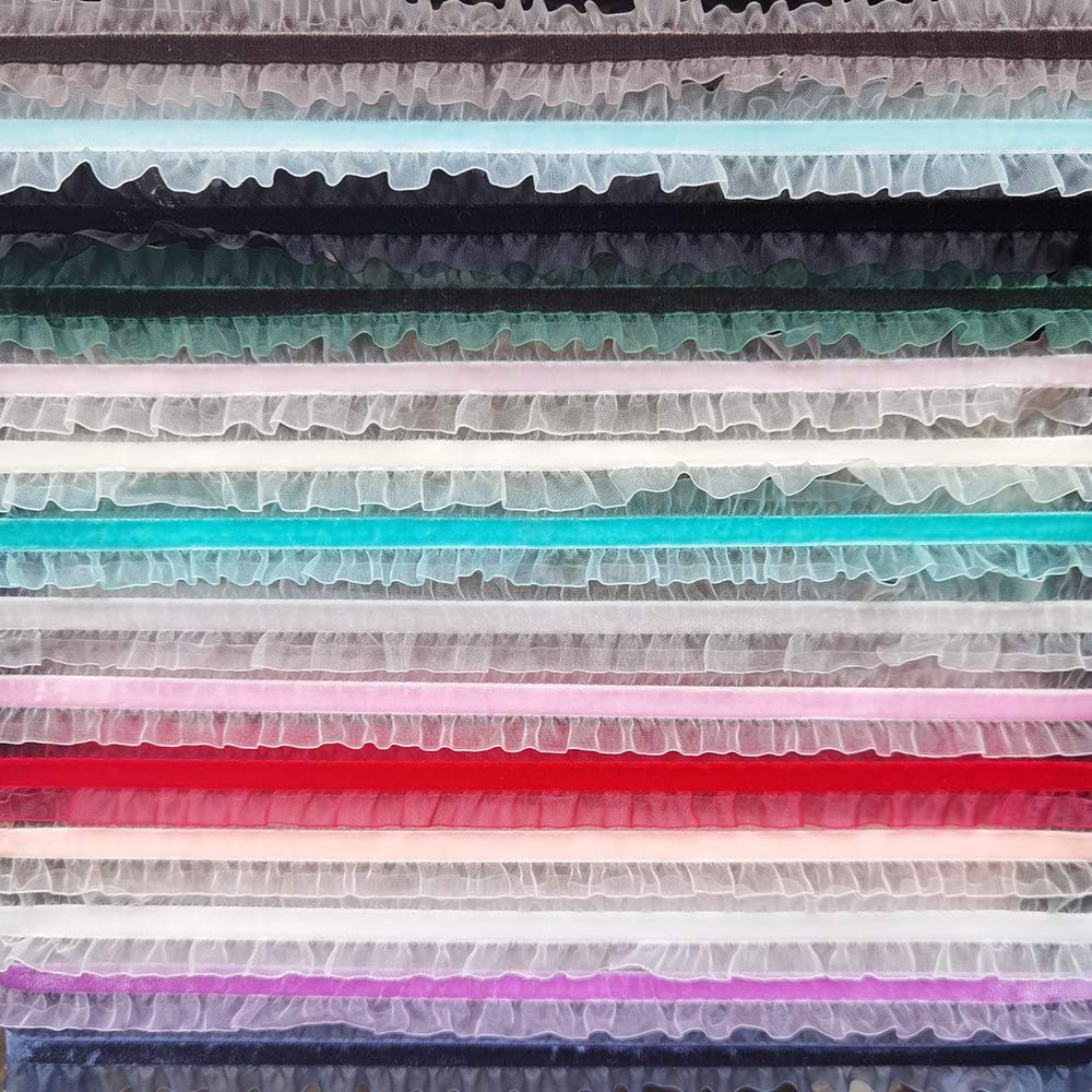 Chenkou Craft Mix Lots 15 Yards 1"(25mm) Double Ruffle Velvet Stretch Headband Hair Jewelry Bangle Elastic Trim