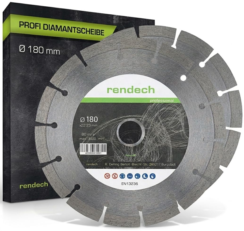 rendech® Profi Diamantscheibe mit 10mm Block-Segment | Ideal für Beton, Stein, Mauerwerk, Granit, Ziegel uvm. - Zubehör für Winkelschleifer mit hoher Schneidleistung