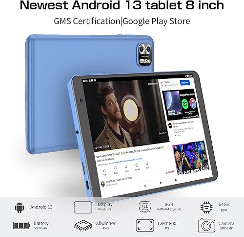 Miniatura 3 de NEWISION Tablet de 8 pulgadas, Android 13 Tablet 8GB RAM (4+4Expand) 64GB ROM, 1TB Expandir Tablet PC 1280x800 HD IPS Pantalla 5000mAh Batería,