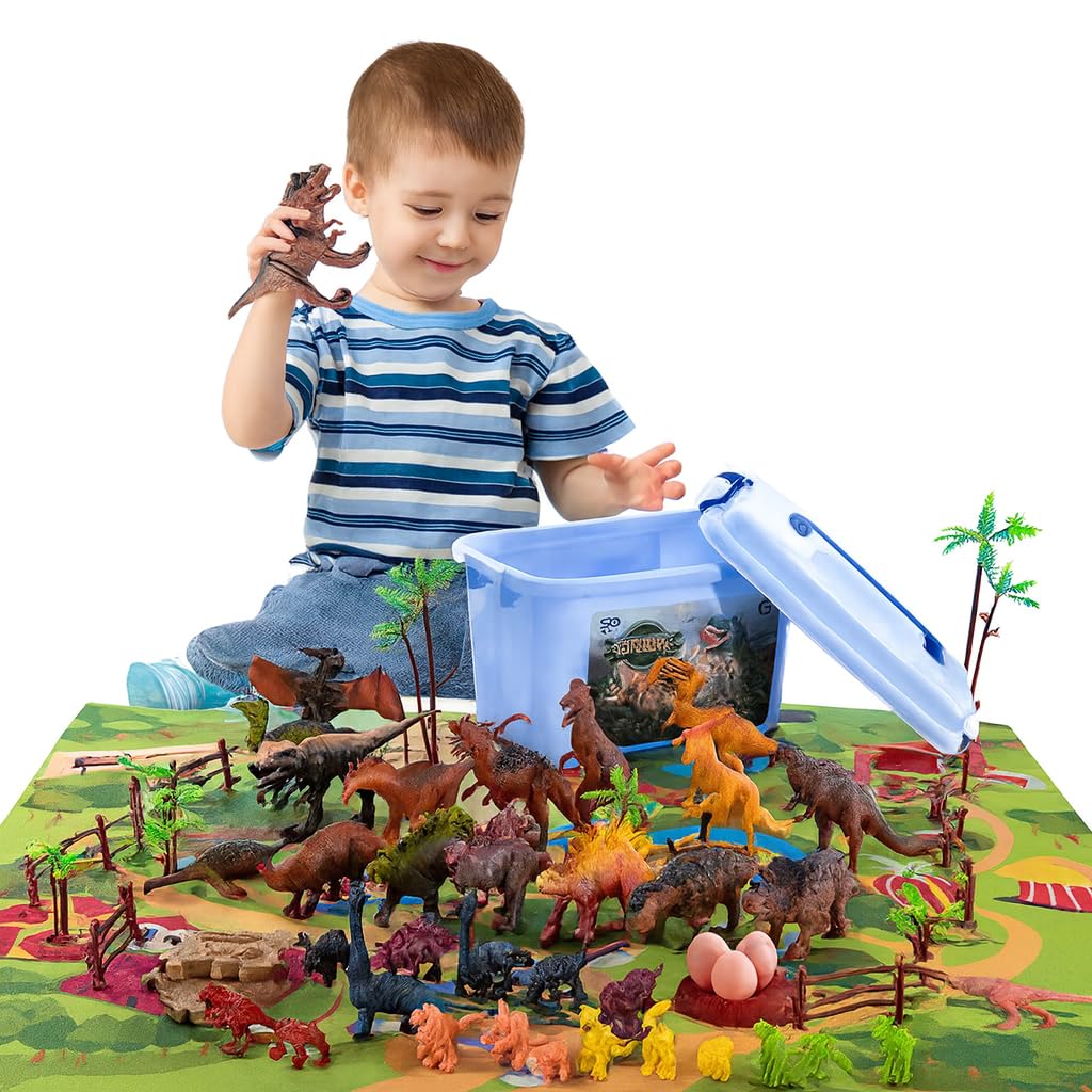 Set 88 Piezas Juguetes Dinosaurios Caja Almacenamiento Mapa Escena 10 Grandes 6 Medianos 16 Pequeños Colecionables Niños Unisex Decoración Divertido Calidad Duraderos Bonito Regalo Estudiantes