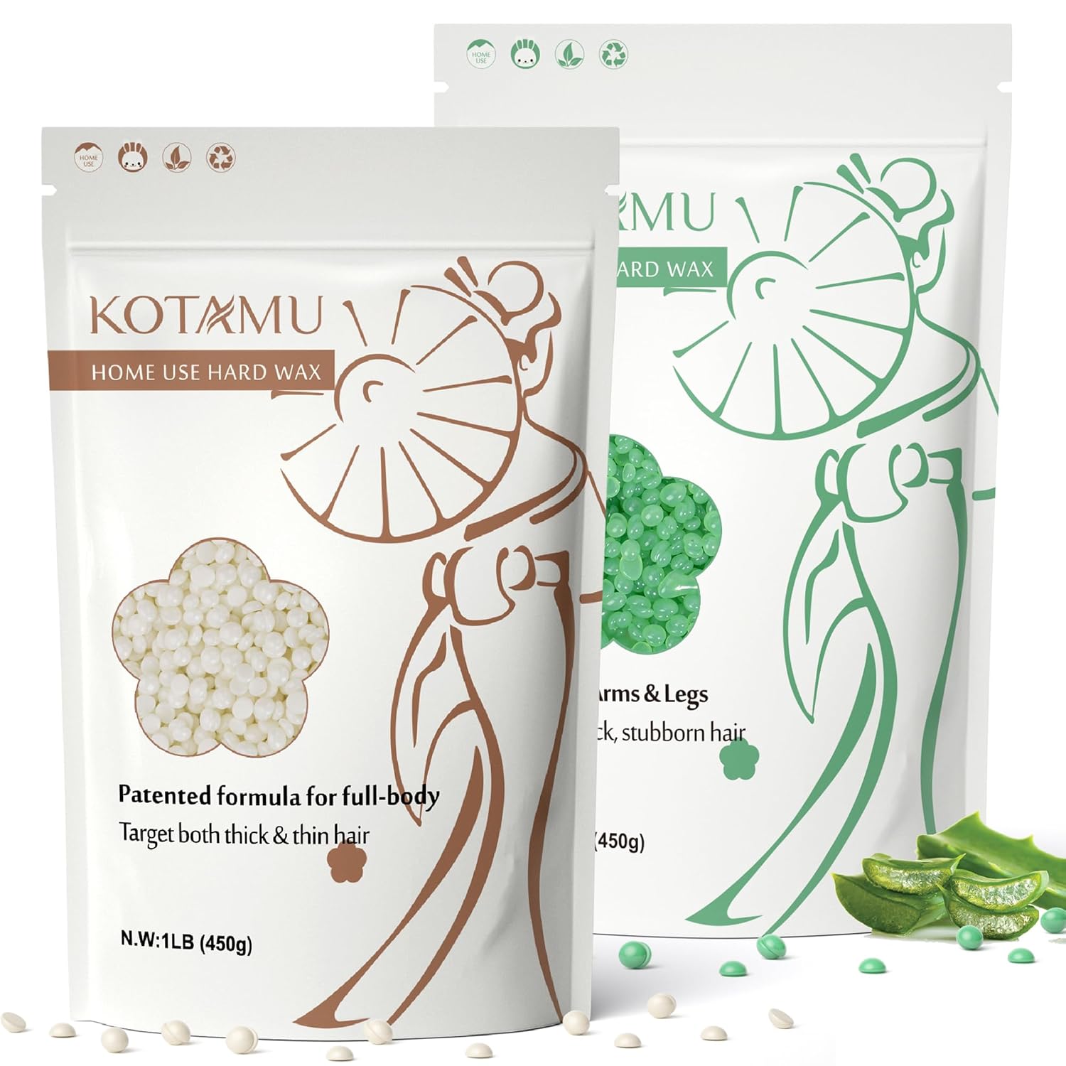 KOTAMU 1lb White Waxing Beads & 1lb Aloe Vera Wax Beans