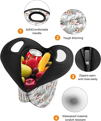 Miniatura 3 de Bolsa de almuerzo reutilizable de neopreno, con diseño de reno y pino de Navidad, suave y térmica, ligera, lavable, aislada, para mujereshombres,