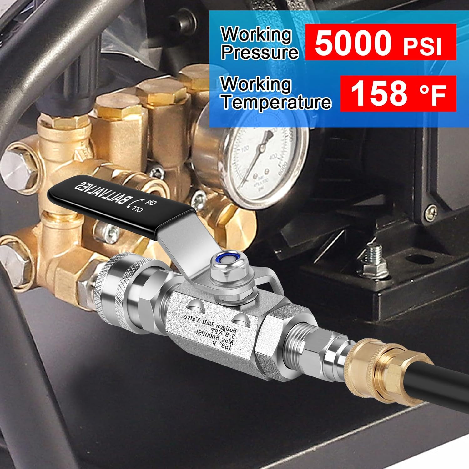 Boltigen 5000 PSI High Pressure Washer Ball Valve Kit, 3/8" Quick Connect Shut Off Ball Valve for Power Washer Hose, Stainless Steel