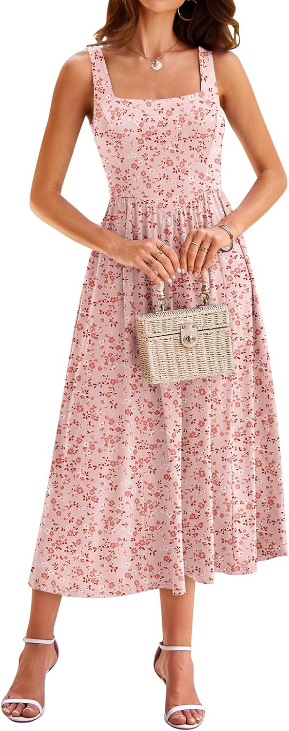 YATHON Women's Floral Midi Dress Casual Sleeveless Square Neck Tank Flowy Summer Beach Vacation Sun Dresses with Pockets