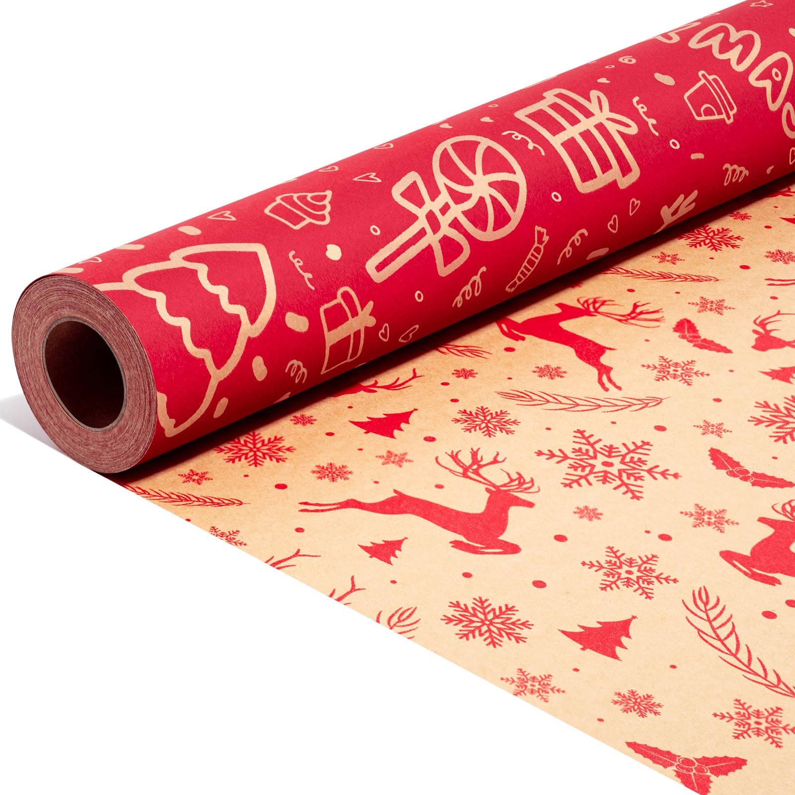 Christmas Wrapping Paper Roll Kraft Xmas Gift Wrap, Luxury Double-sided Traditional Reversible Vintage Christmas Papers for Party New Year, Winter Party Present Eve Decorations