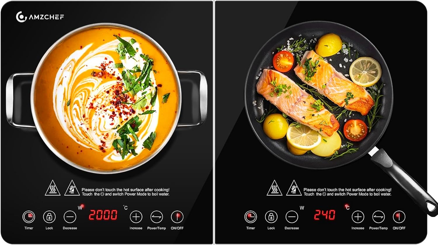 AMZCHEF Piastra ad Induzione 2 Fuochi, Piastra a Induzione con IGBT importato, 20 Livelli di Temperatura, 20 e 15 Livelli di Potenza, 3500W Piano Induzione con Timer di 4 ore, Blocco di Sicurezza