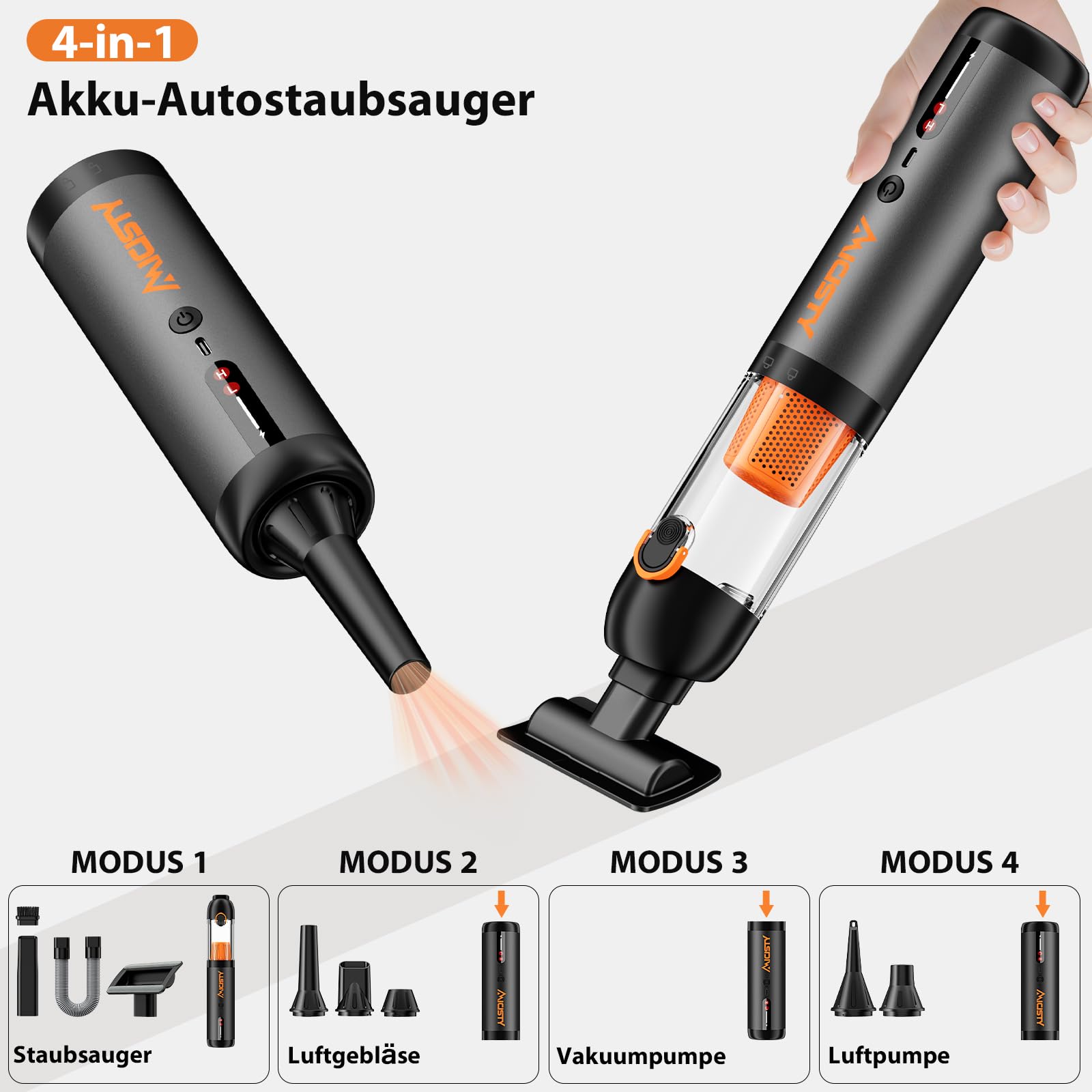 Handstaubsauger Akku 30000Pa, 4-in-1 Akku-Autostaubsauger Bürstenloser Motor, Auto Staubsauger Stark Handstaubsauger Auto 7800-mAh-Akku 50 Min Laufzeit 1,5 Std Schnellladung Aluminiumgehäuse