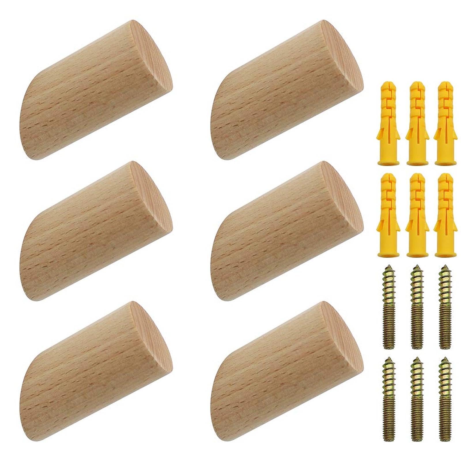 Newzc White 6Pcs Wooden Coat Hooks Natural Wood Wall Hooks 3X6cm/1.18X2.36in Cylinder Beech Hook 45° Hook Hanger For Clothes Scarf Hat Bag - Maximum Load 15 Kg