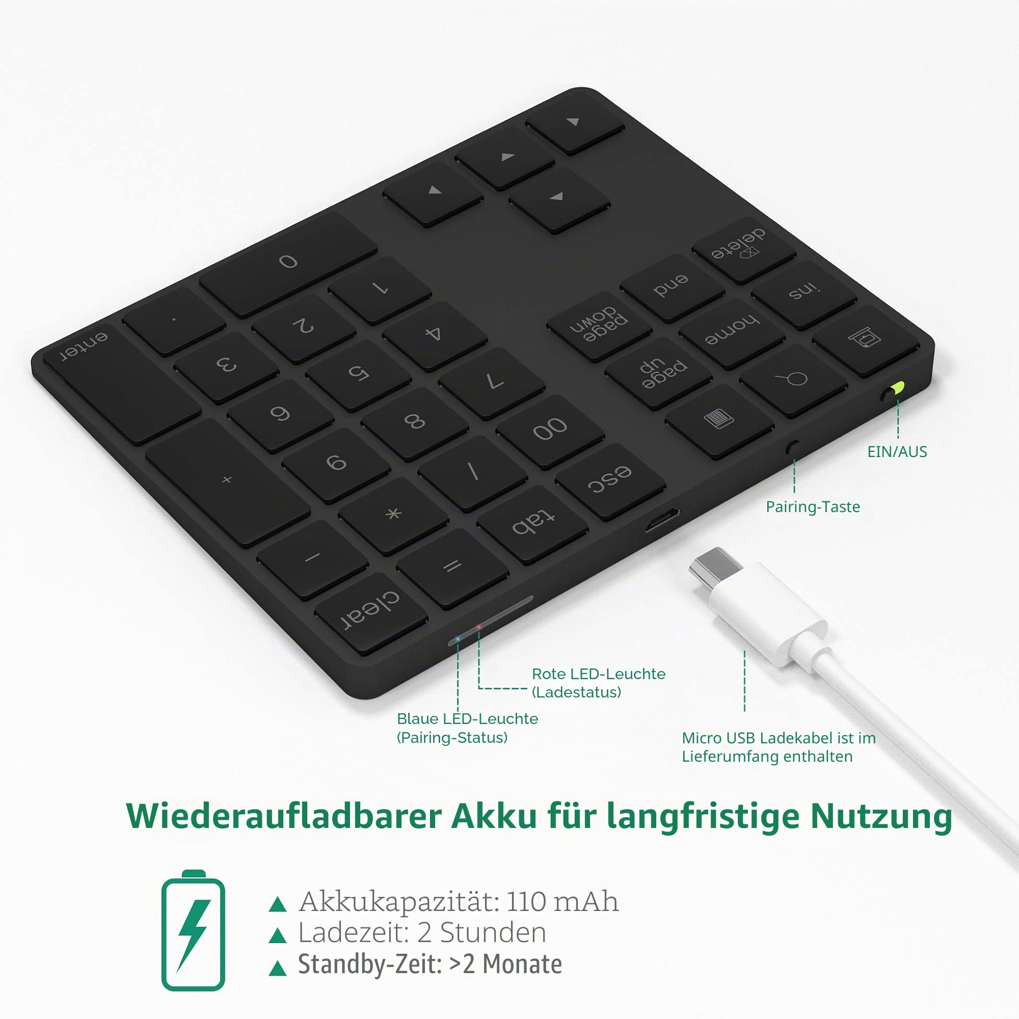 Bluetooth Ziffernblock 34-Tasten kabellos Bluetooth Numpad wiederaufladbar Tastatur Numerische Tastatur für Computer Laptop Tablet Phone Pad Kompatibel mit Windows Surface Pro