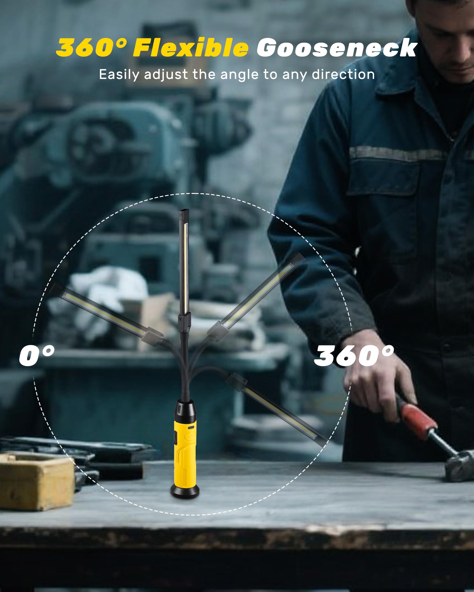 Lampada da lavoro a LED da officina, 1000 lm, con magneti, collo di cigno flessibile a 360°, lampada da ispezione per auto, riparazione officina, campeggio, emergenza
