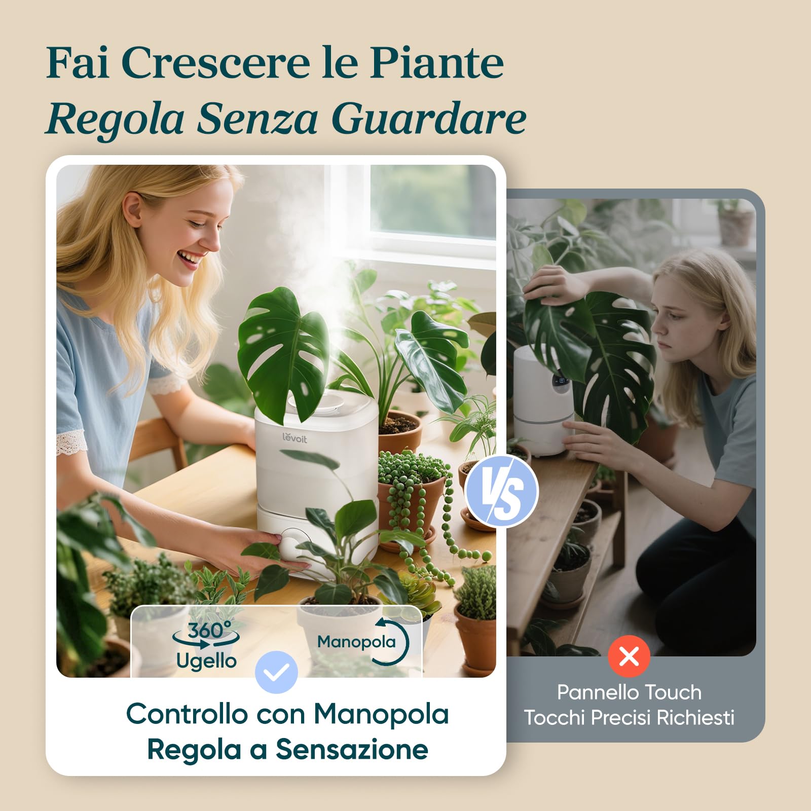 Levoit Umidificatore Ambiente Bambini, fino a 25 Ore, Umidificatore Silenzioso da 23 dB per Camera da Letto, Top Fill Umidificatore con Ugello a 360° per Piante, Spegnimento Automatico, 17W