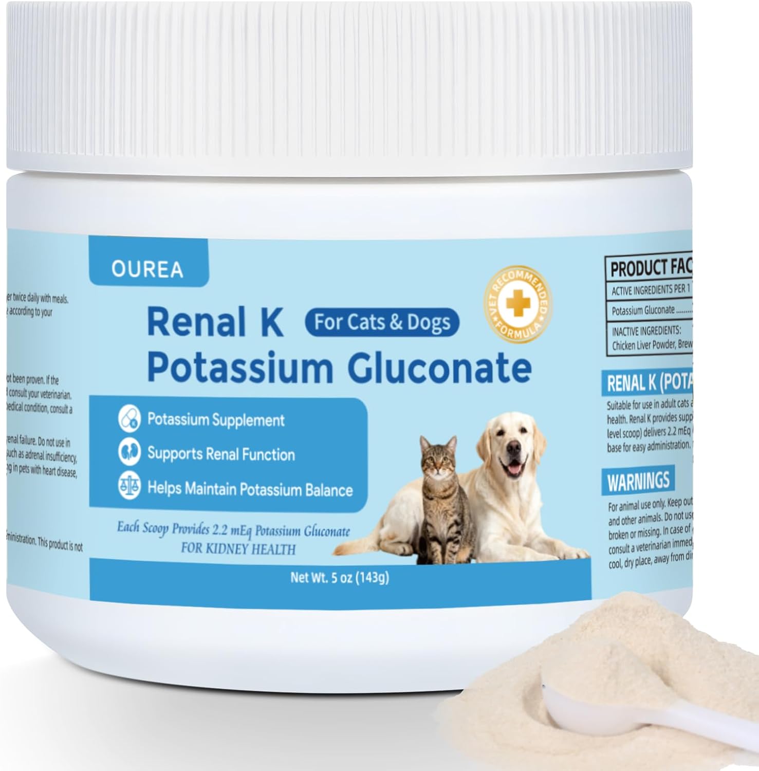 Renal K Potassium Gluconate for Dogs and Cats – 2.2 mEq per Scoop – Supports Kidney Function, Restores Potassium Levels – Boosts Energy – Muscle Strength – Vet-Recommended