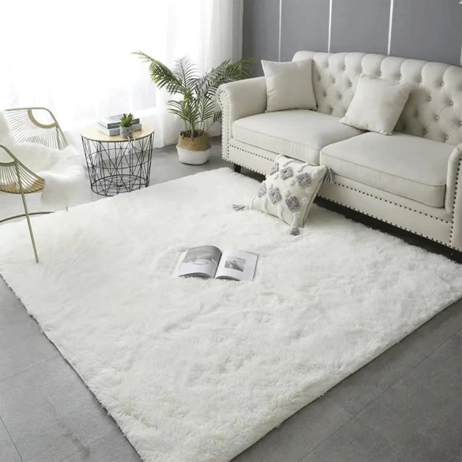 Genérico Alfombra Lavable para Salón, Dormitorio y Habitación de Los Niños - Lana de Pelo Largo, Muy Suave, Antideslizante, Moderna - Blanca, 200x300cm