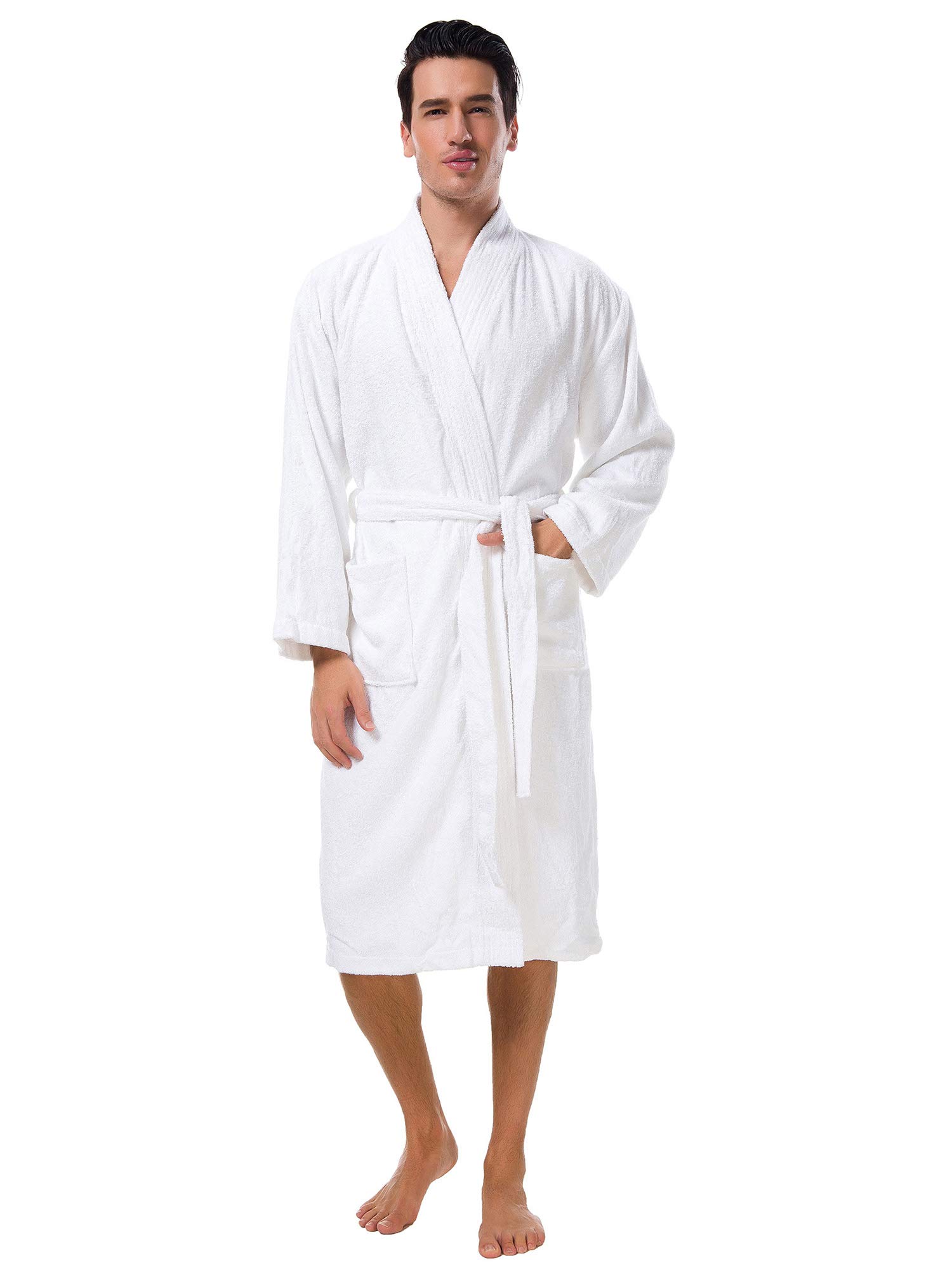 SIORO Men's Terry Cotton Robe, Absorbent Kimono Towel Bathrobe for Spa and Hotel, Soft Shower Calf Length Cloth with Pockets