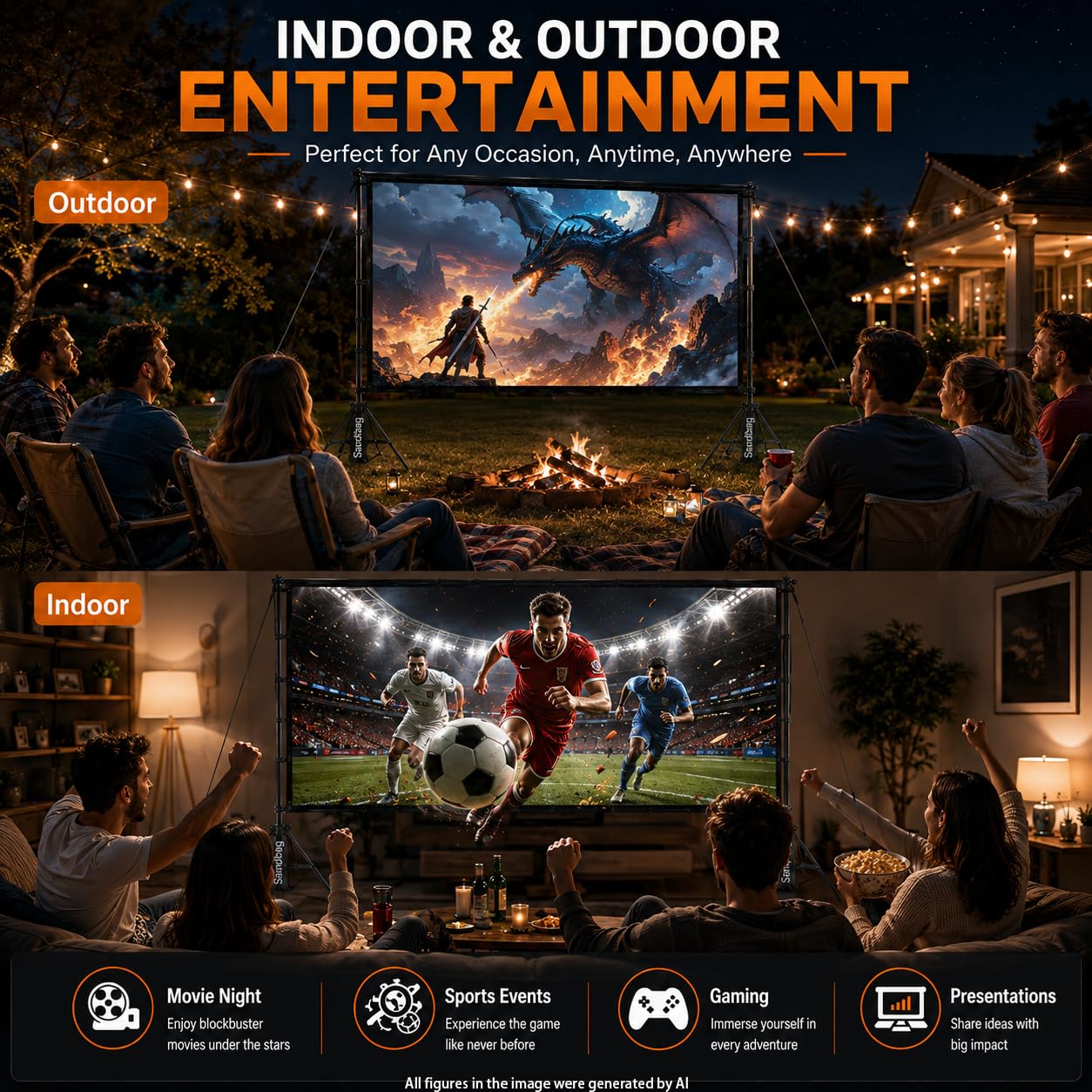 TOWOND Projektor-Leinwand für den Außenbereich, 120 Zoll (304,8 cm), tragbar, 16:9 HD, faltbar, knitterfrei, Projektionsleinwand mit Tragetasche für Heimkino, Außen- und Innenbereich, doppelseitig