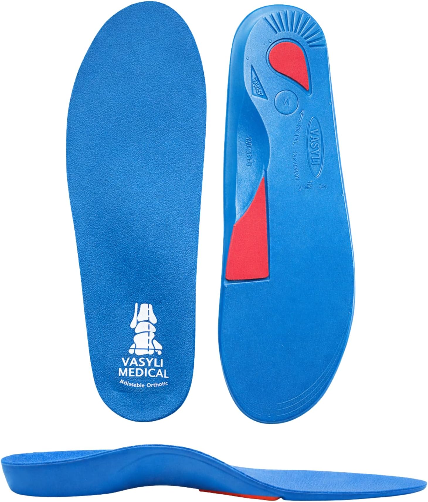 Vasyli 21 Custom Full Length Insoles, Blue, Large, Heel Grid Reduces Slippage, Medium Density, Biomechanical Control, Effective Pain Relief, Treats Pronation, Rearfoot Varus Angle