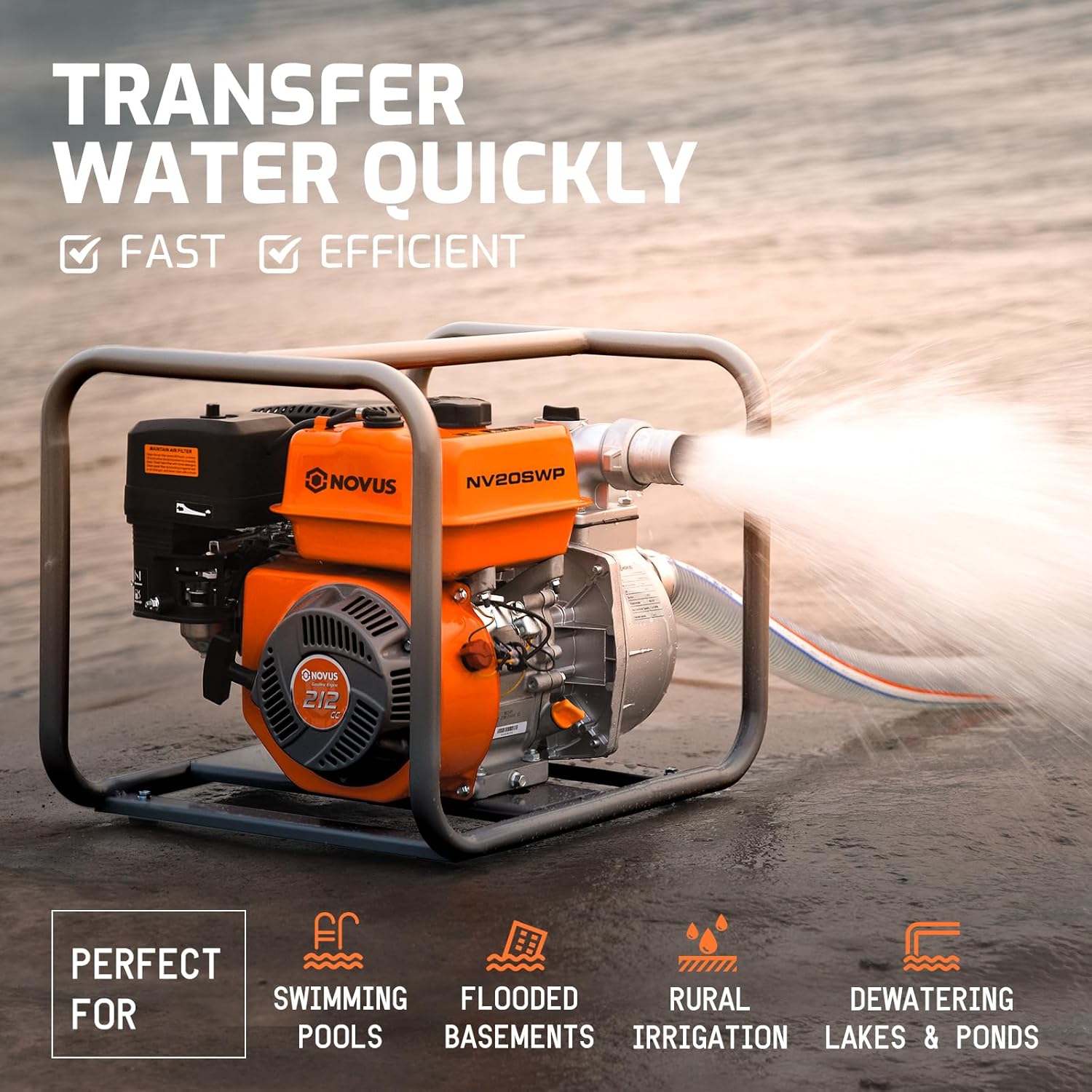 NOVUS 2-inch Semi Trash Pump, 212cc 4 Cycle Engine, 141 GPM 100ft Lift 23ft Suction, Gas Powered Water Pump for Pond Pool Draining Gardening Irrigation,EPA Certified