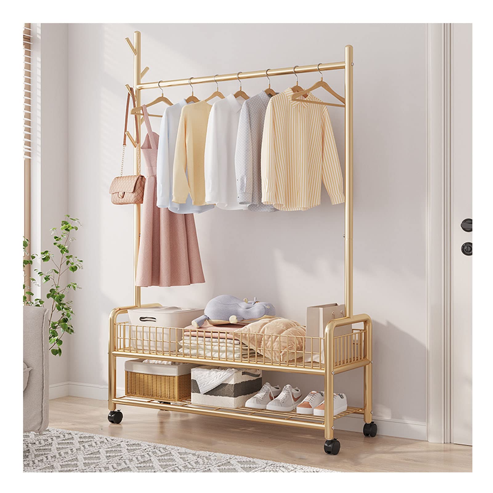 YNBSHGAA Heavy Duty Hall Tree with Metal Hooks - Movable Garment Rack with 2-Tier Storage Shelves - Freestanding Coat Hanger for Bedroom Entryway & Living Room,Gold-90cm