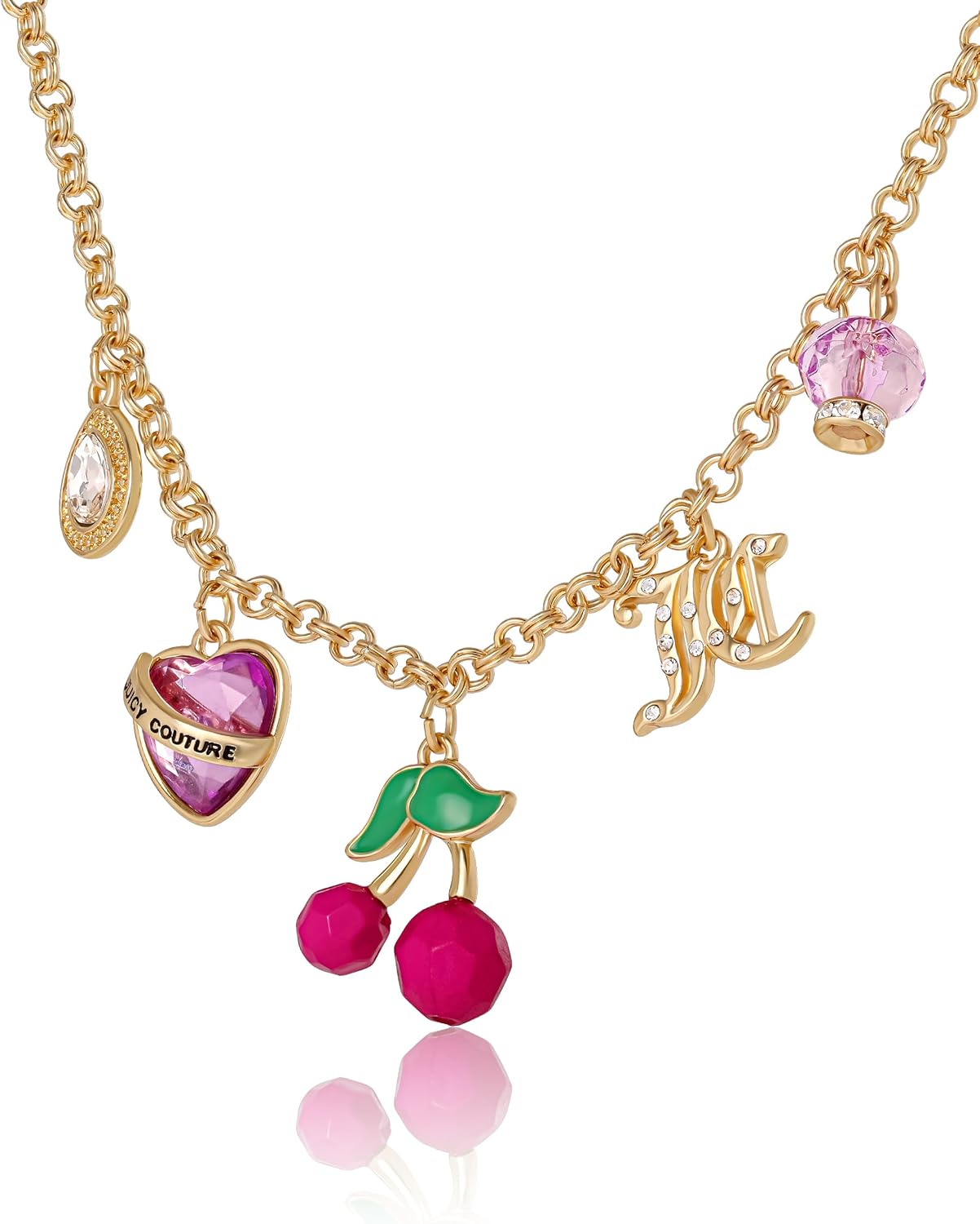 Juicy Couture Cherry Necklace for Women 18"+2", Gold-Tone Charm Necklace with 5 Charms, Juicy Gifts