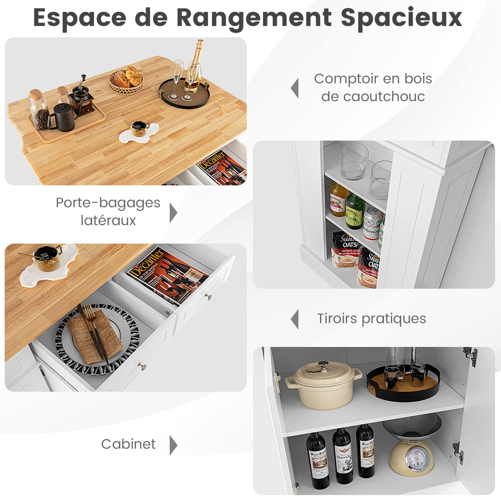 COSTWAY Ilot Central Cuisine Plateau en Bois d'Hévéa Pliable, Étagères Réglables à 3 Niveaux, Desserte de Cuisine avec Tiroirs, Supports Latéraux et 2 Portes, 61 x 120 x 92 cm, Blanc