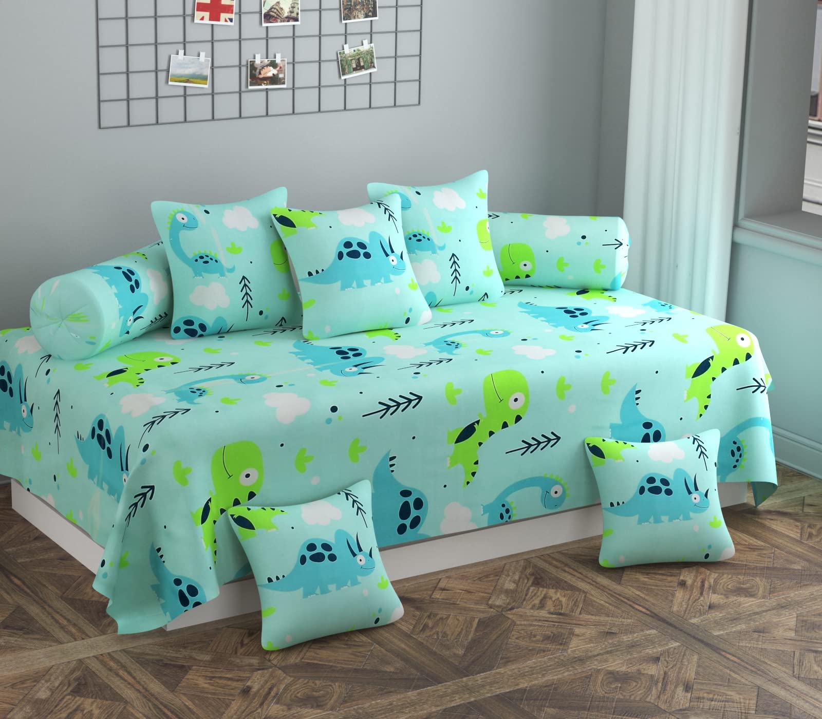 Beautiful 240 TC 100% Microfiber Elegant Dino Design Diwan Set with 8 Pieces, One Single Bed Sheet with 5 Cushions Covers and 2 Bolster Covers (Green)-image-20