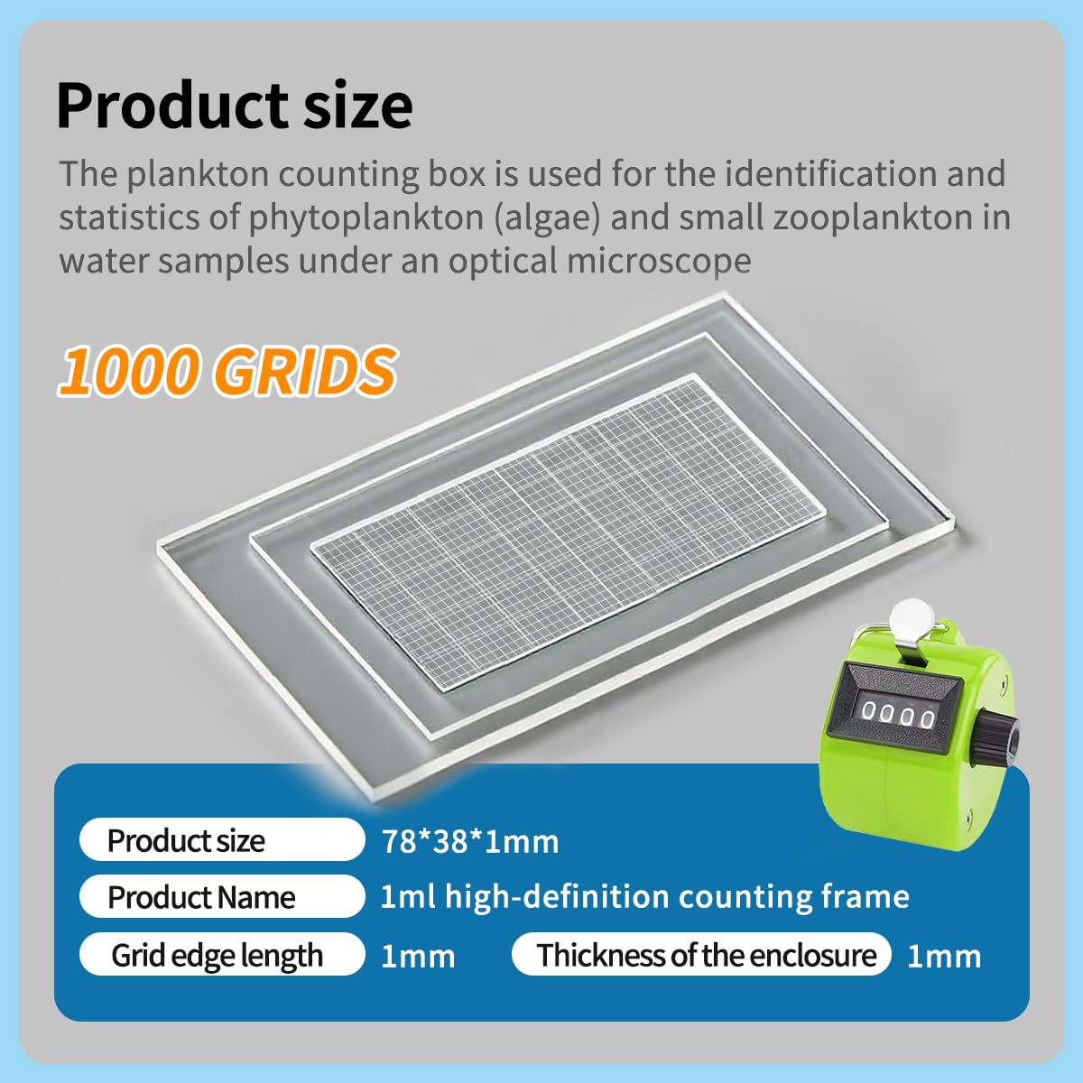 Cámara de conteo de plancton con 100 portaobjetos de microscopio y 1 contador de conteo de mano para análisis de fitoplancton y zooplancton (1 ml, 1000 rejillas)
