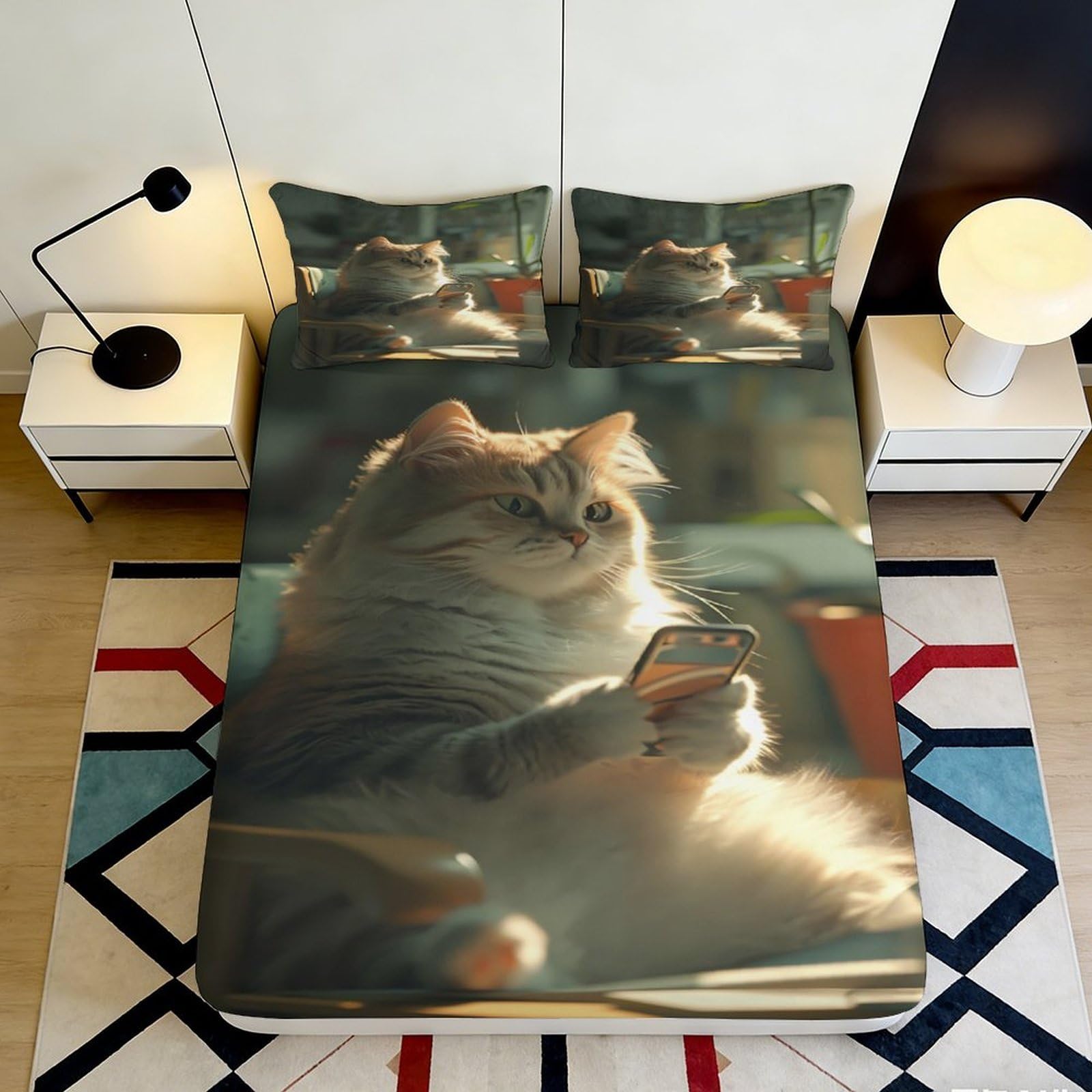 Pnayamiorkfel Style-8 3D Printed Relaxed Cat Fitted Sheet Microfiber Soft Decorative Smartphone Theme Bed Cover For Bedroom Dorm 90X200x25cm