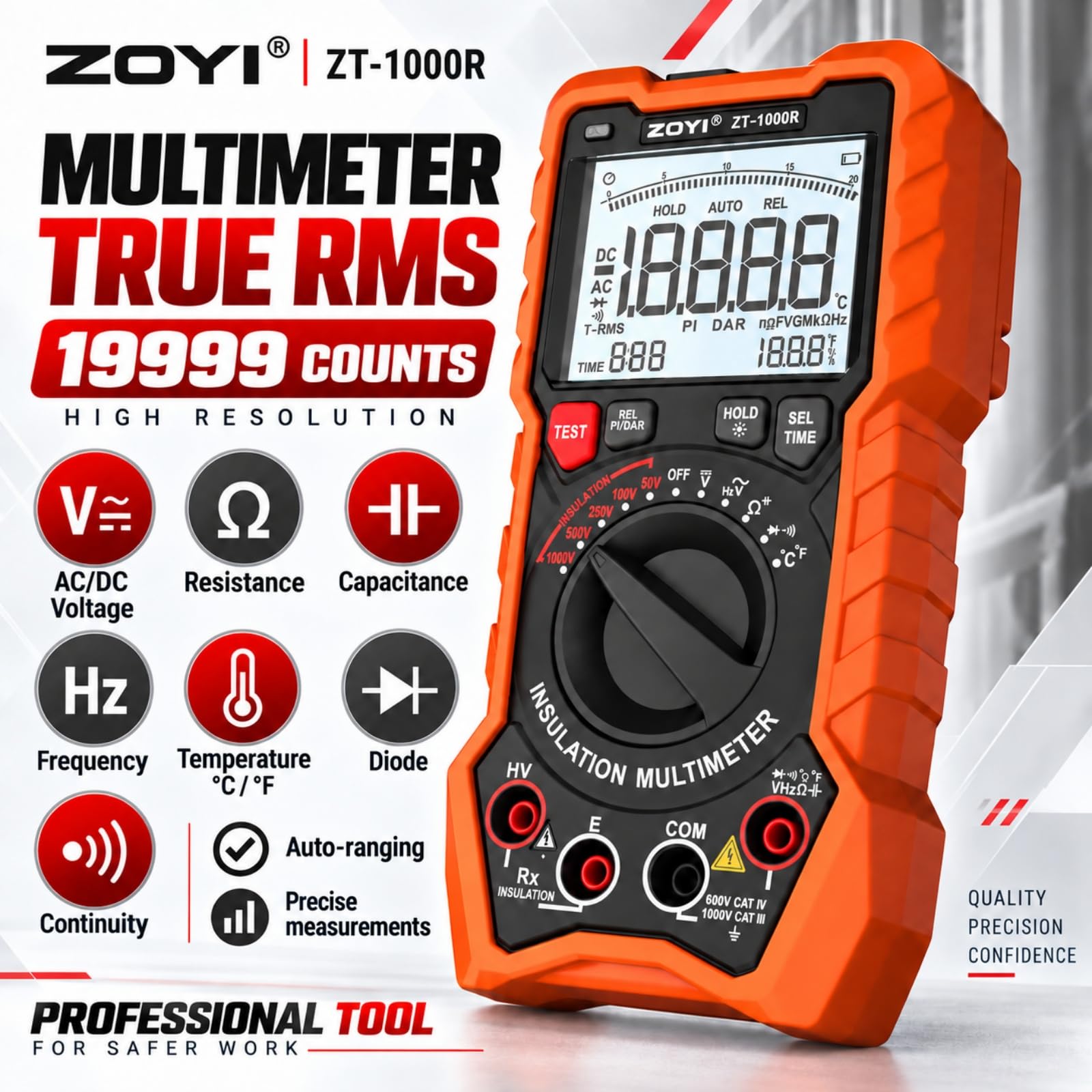 ZOYI ZT-1000R 2 in 1 Megohmmeter Multimeter, 50V/100V/250V/500V/1000V 5 Gear with DAR&PI, Insulation Resistance up to 20GΩ, 19999 Counts Auto Range T-RMS, V,Ω,C,FREQ,Temp, Diode,Continuity Tester — Amazon image 7