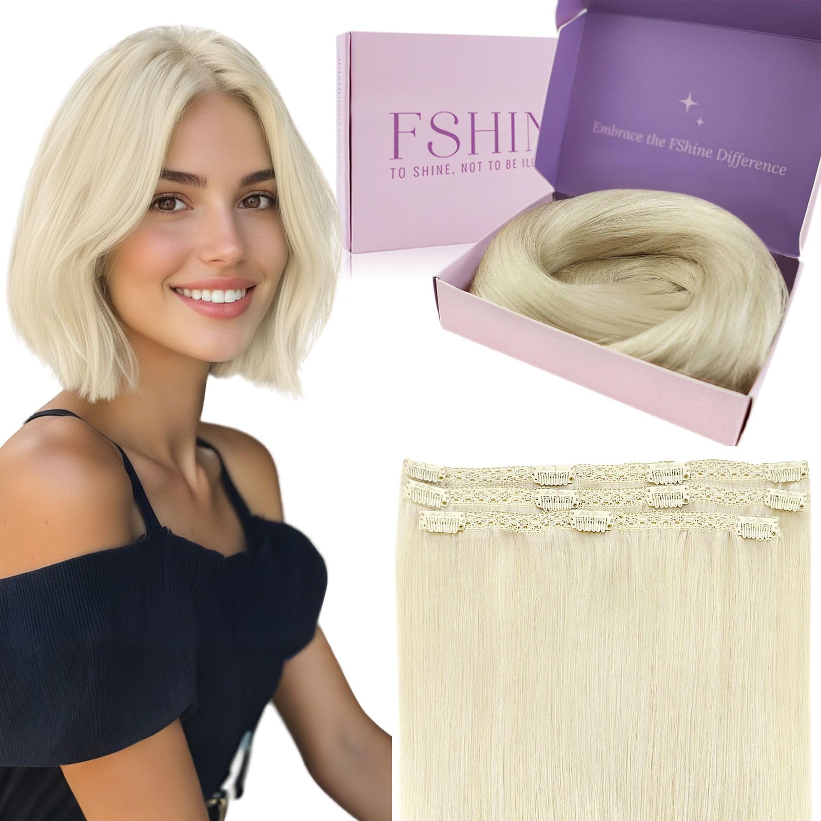 Fshine Clip Extensiones Humano 22 Pulgadas 55CM 120g Extensiones de Pelo Rubio Blanco Remy Hair Clip in Extensiones 7 Piezas Color 60 Extensiones de Cabello Natural Color 60 — view 32