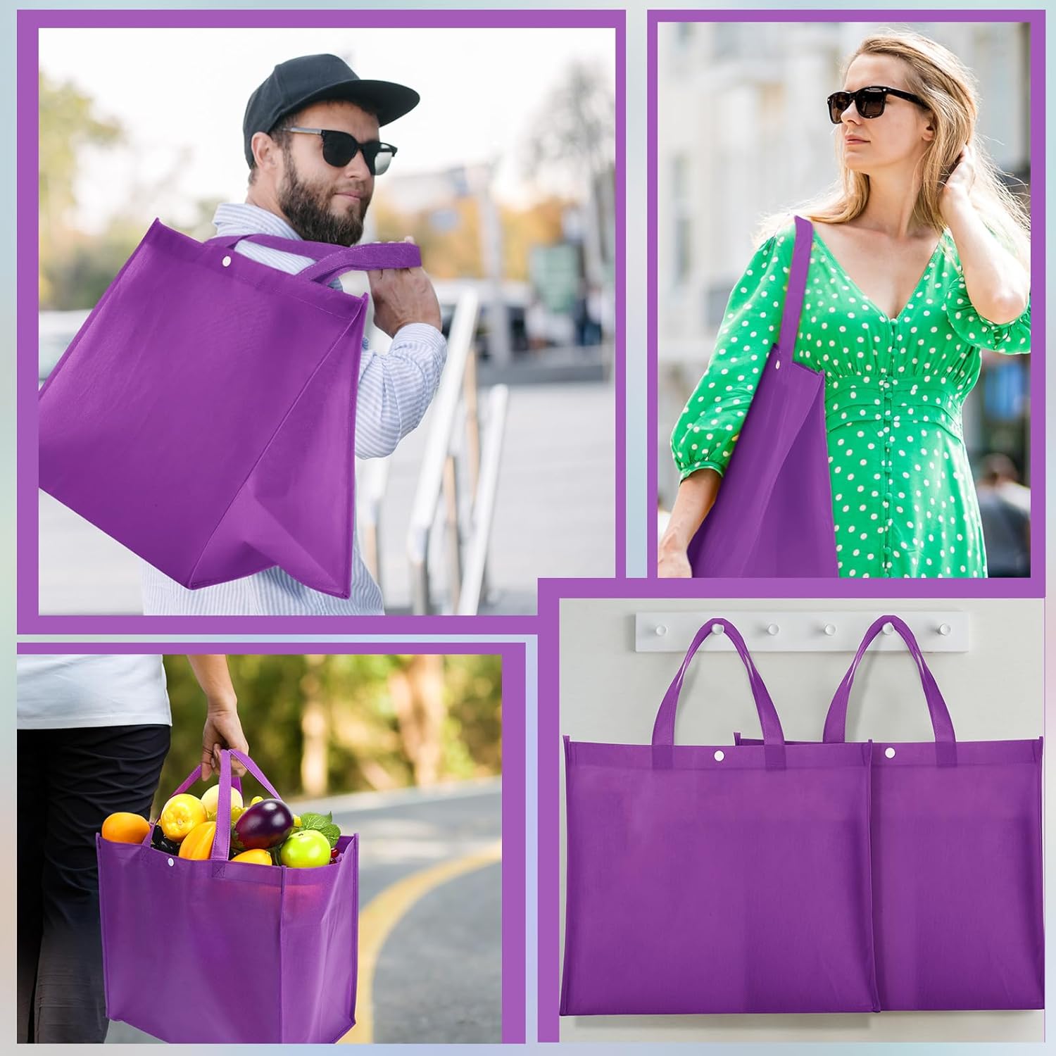 Zhehao 60 Pcs Reusable Grocery Shopping Bags Large Foldable Gift Tote Non Woven Fabric Bags with Handle and Plastic Button for Birthdays, Bridesmaids, Party Favors, 15 x 9.5 x 13 Inch (Purple) - Image 6