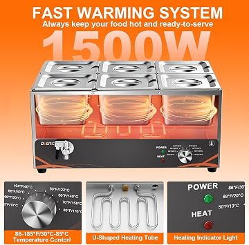 Commercial Food Warmer 6 Pan, 25QT Stainless Steel Bain Marie 1500W