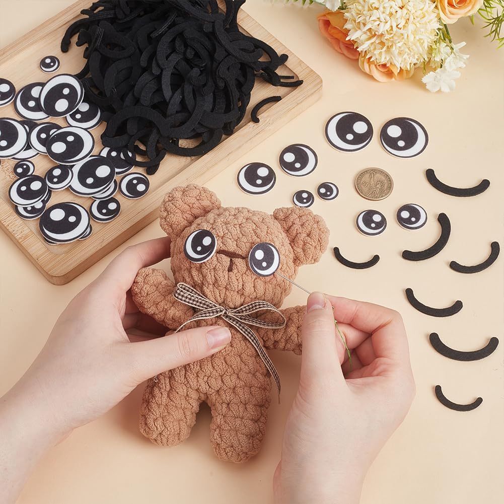 CRAFTYMELODY 20 Pairs Felt Eyes Appliques 4 Styles Black Crochet Animal Eyes Cartoon Eye Patches with 240Pcs Felt Mouth Appliques Accessories Eye Embellishment for Crochet Crafts Making