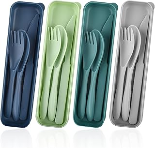 Portable Cutlery Set with Case, 4 Sets Plastic Camping Cutlery, Travel Cutlery Set for Lunch Box, Reusable Cutlery Knife Fork Spoon Travel Utensils Set, Tableware for Picnic Daily Use(4 Colors)