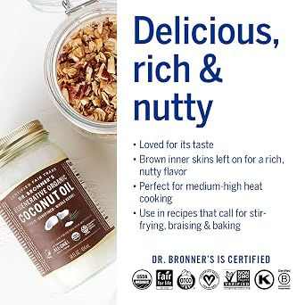 Dr. Bronner's - Organic Virgin Coconut Oil (Whole Kernel, 14 Ounce) - Coconut Oil for Cooking, Baking, Hair & Body, Unrefined & Fresh-Pressed, Rich & Nutty Flavor, Fair Trade, Vegan, Non-GMO