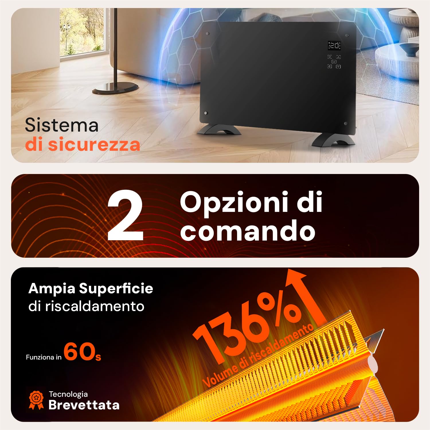 Avilia Termoconvettore Elettrico 1500W in Vetro con Display LED, Comandi Touch, Timer e Tecnologia Avanzata - Fissaggio a Muro o Terra - Compatibilità con Google Assistent e Alexa - 47x77x23cm