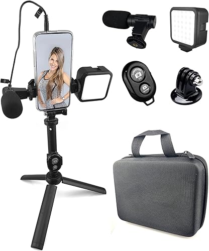 Miniatura 10 de Acuvar Kit de vlogging premium de 9 piezas para iPhone, Android y cámaras, micrófono, soporte de trípode y luz LED, paquete de YouTube, TikTok