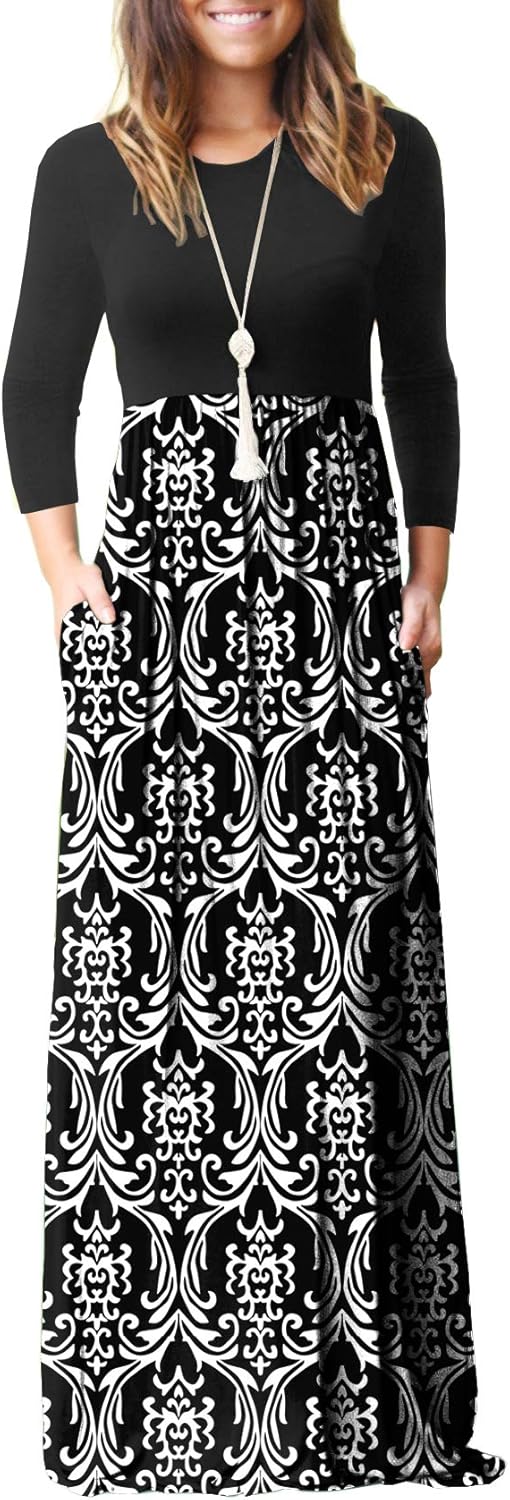 GRECERELLE Women Long Sleeve Casual Round Neck Loose Solid Floral Maxi Long Dress with Pockets, S-3XL