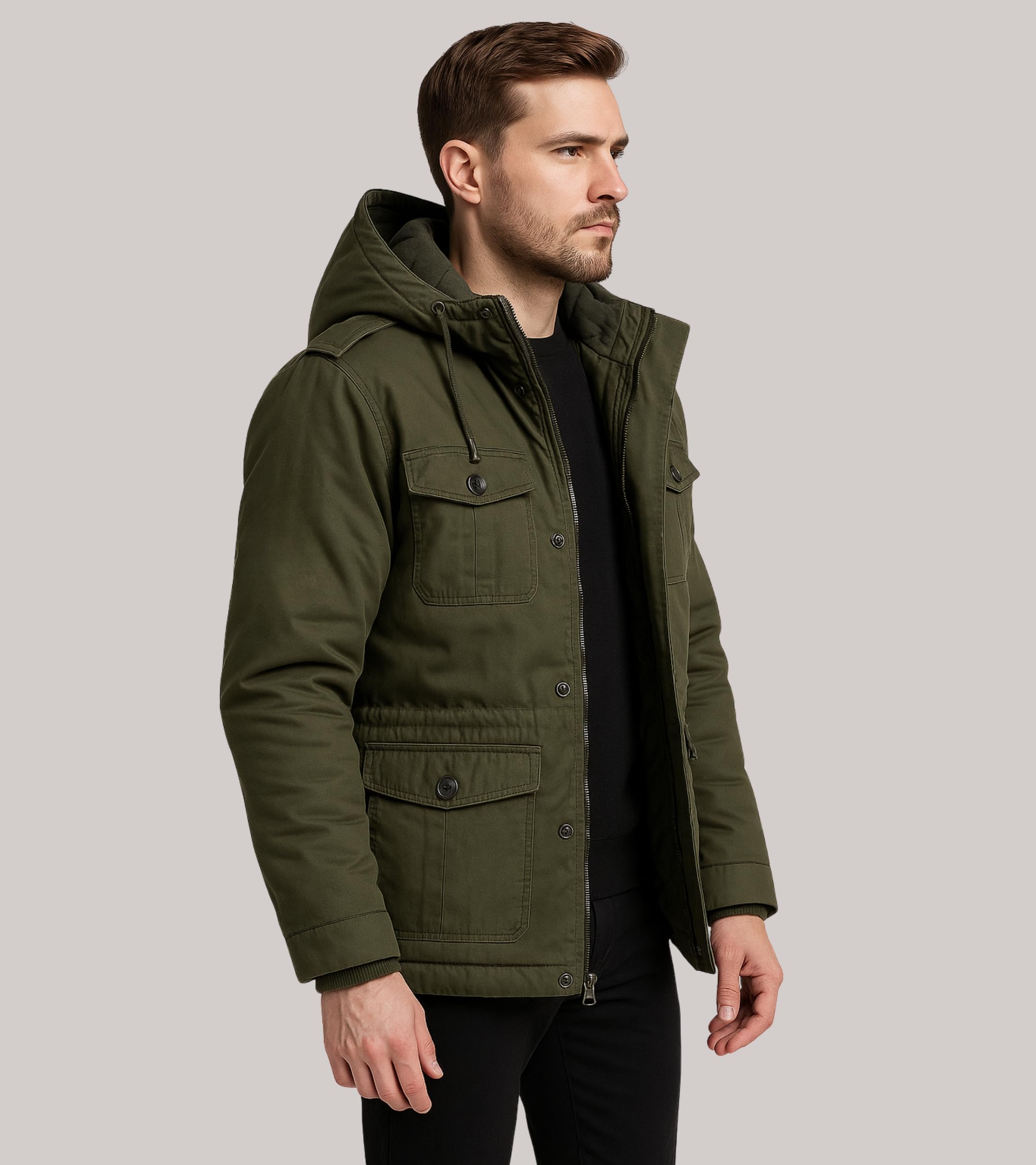 L'MONTE Men's Heavy-Duty Long Length Winter Jacket Cotton Outdoor Coat with Fleece Lining, Detachable Hood, and Multi-Pockets Warm, Windproof & Stylish for Cold Weather (3XL, Army Green) 1