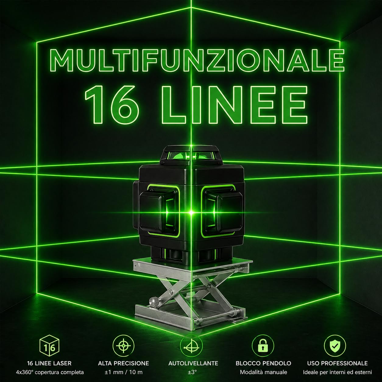 Livella Laser 4D Autolivellante 360° con 16 Linee Verdi, Sistema di Allineamento 3° Automatica, 2 Batterie Incluse, Supporto Girevole, Treppiede Regolabile fino a 1,2m, Telecomando e Valigetta