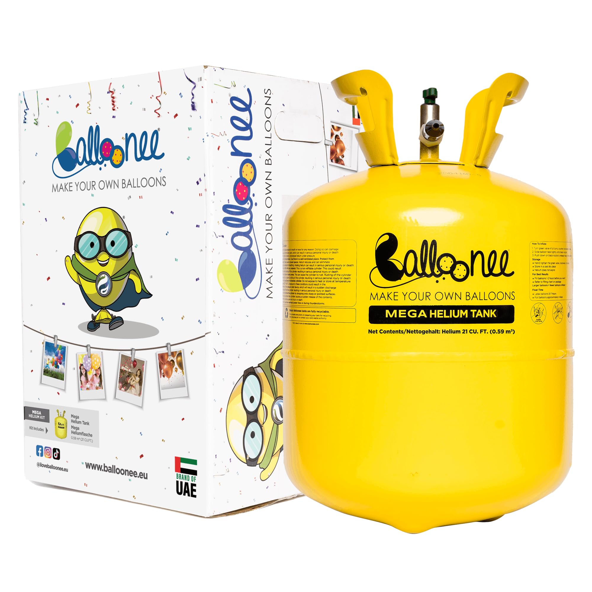 Balloonee Mega Einweg-Helium Party-Set, Heliumgasflasche für ca. 100 Ballons | 600 Liter Heliumgas zum Befüllen von Folien- und Latexballons | Ideal für Geburtstags- und Hochzeitsdekorationen