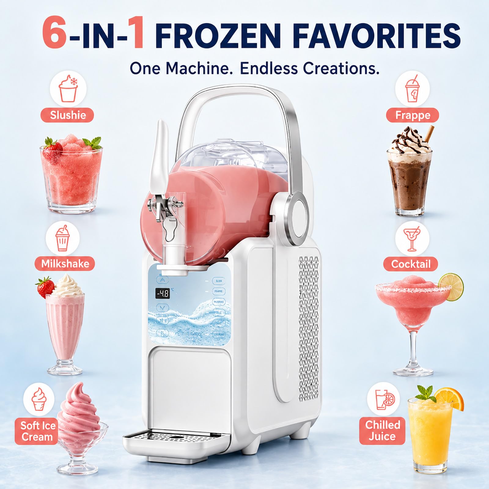 Urządzenie 6 w 1 do przygotowywania mrożonych przysmaków, lodów i napojów typu slushie | Stal nierdzewna | Bez użycia lodu | 6 trybów | Szybkie chłodzenie