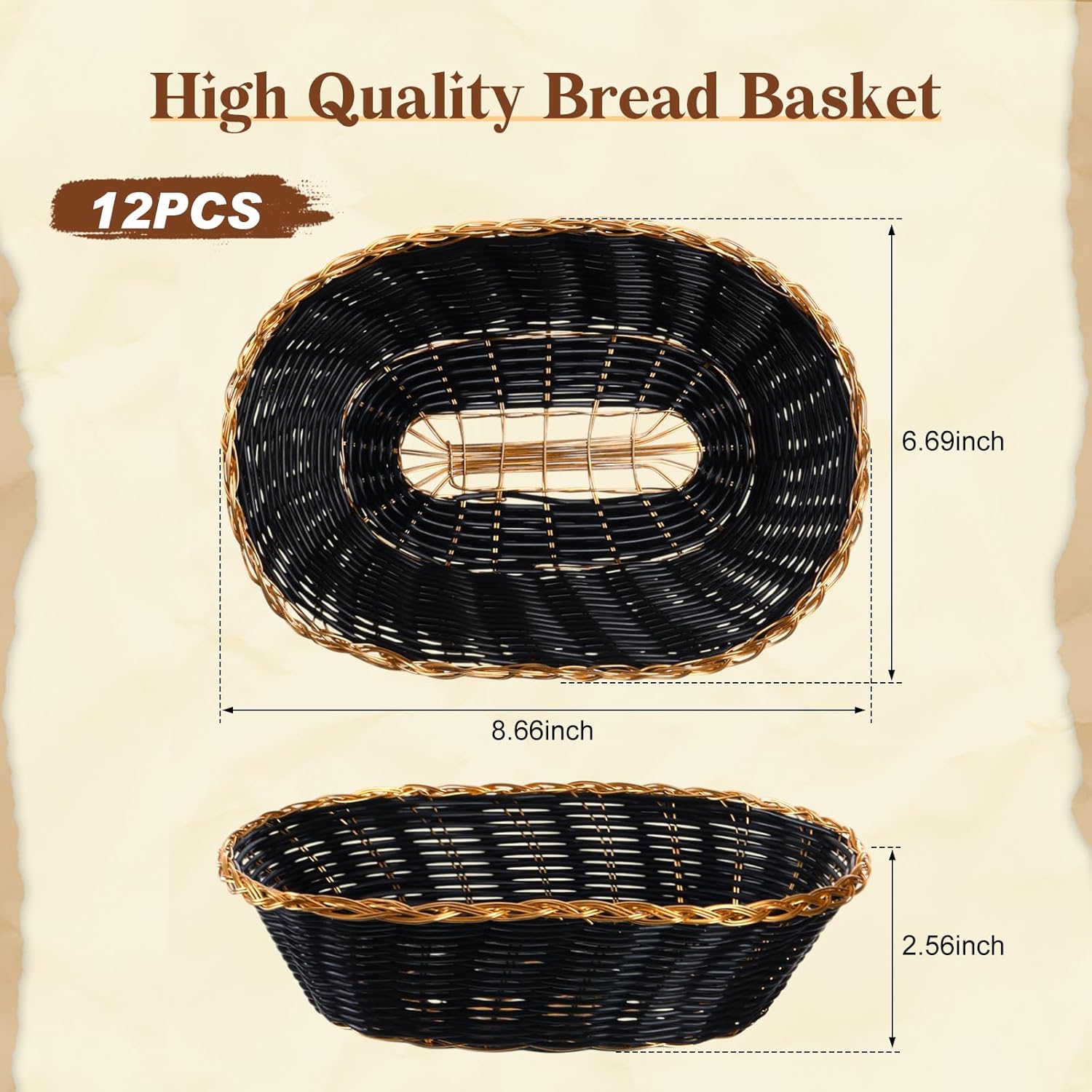 12 Pack Wicker Bread Basket 9 x 6 x 2.6 Inch Woven Serving Basket Oval Poly Wicker Storage Tray for Kitchen, Holiday Gifts, Centerpiece Display, Storing Bread, Snacks, Fruits, Vegetables