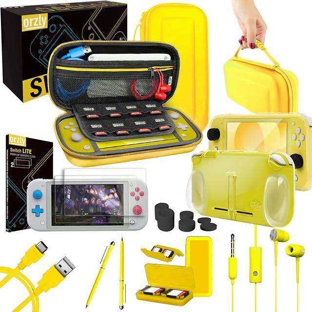 Orzly Zestaw akcesoriów Switch Lite  etui i ochraniacz ekranu do konsoli Nintendo Switch Lite, kabel USB, uchwyt do gier, wygodny uchwyt, słuchawki, zestaw z uchwytem na kciuk i nie tylko  żółty