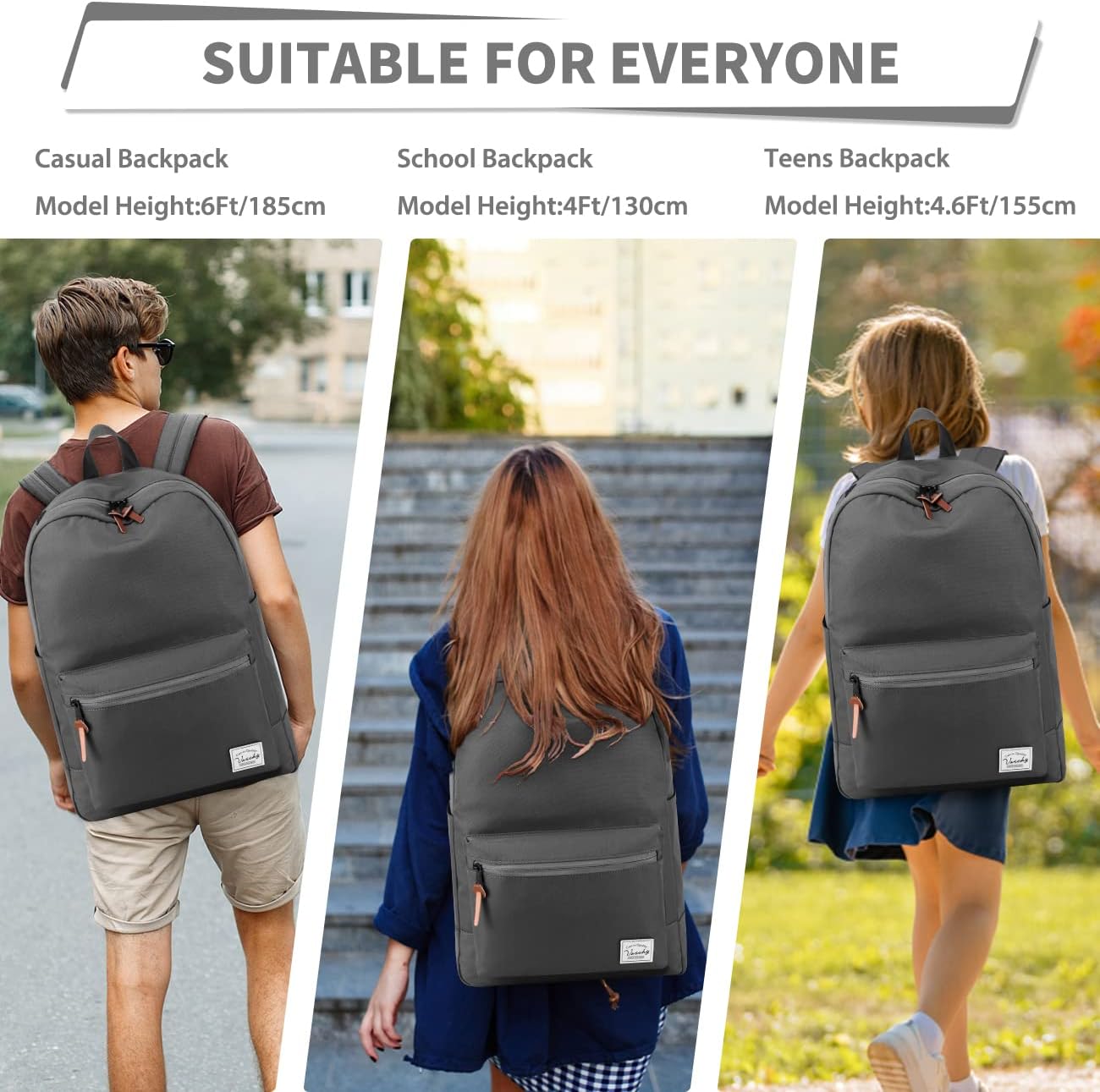 VASCHY School Backpack, Unisex Slim Lightweight Water-resistant Backpack for Men Women College Schoolbag Travel Bookbag