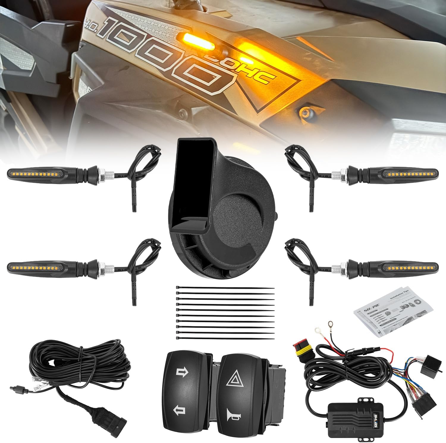SUNPIE UTV Turn Signal Lights with Horn, Bright Amber UTV Blinker with Two Rocker Switch Universal ATV Street Legal Turn Signals Compatible with Polaris, Teryx, CFMOTO and Can-am
